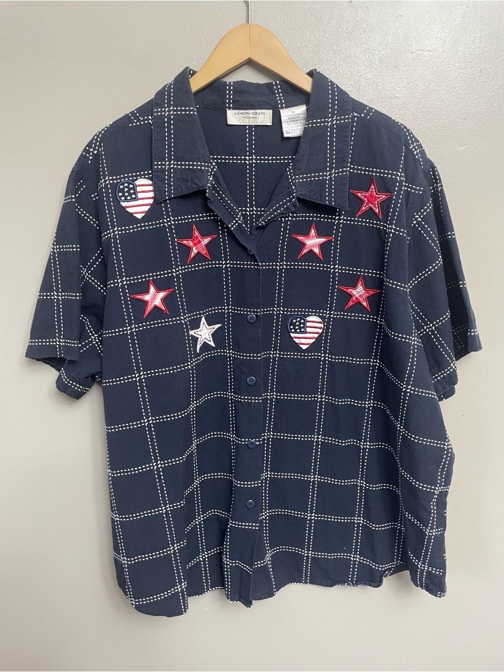 Lemon Grass Womens 3X Denim Shirt Short Sleeve Americana Patriotic Stars Flag